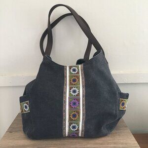 Canvas Hobo Bag by WorldLyda with Embroidery, Dark Charcoal/Black Canvas